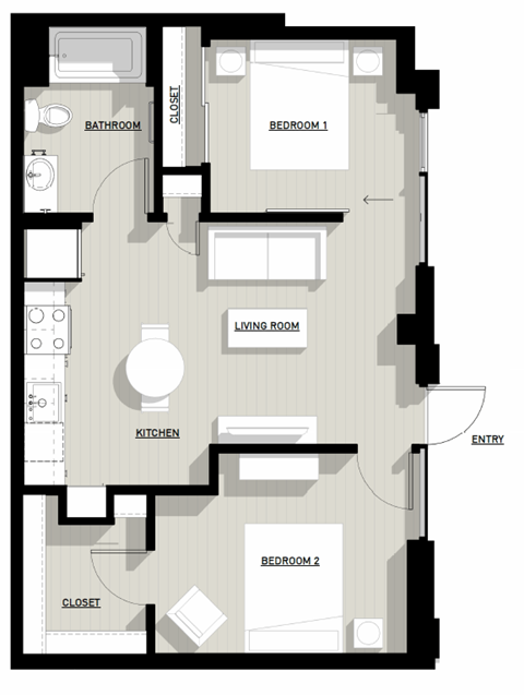 A floor plan of a house with two bedrooms, a living room, a kitchen, a bathroom, and a closet.